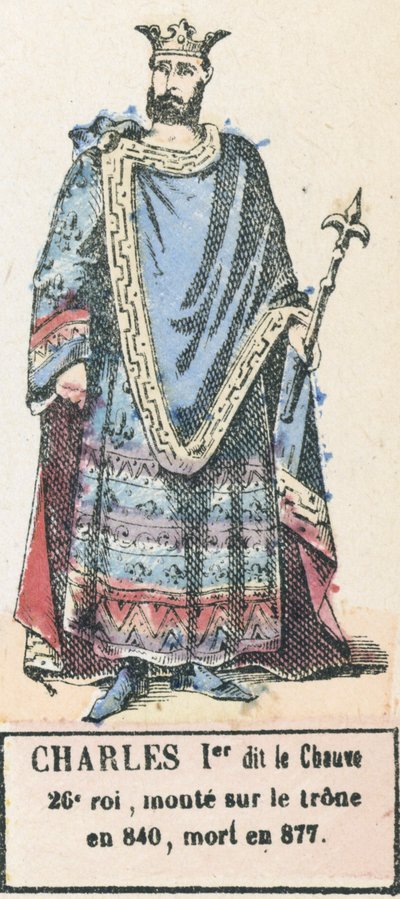 Karel I. zvaný Plešatý, 26. král, nastoupil na trůn roku 840, zemřel roku 877 (barevná rytina) od French School