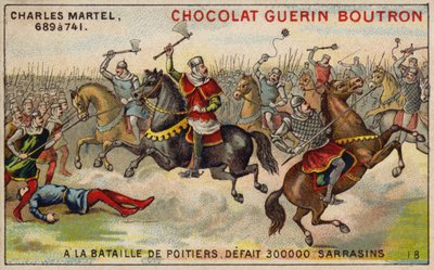 Charles Martel porazil armádu 300 000 Saracénů v bitvě u Poitiers, 732 (chromolitho) od French School
