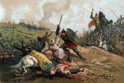 Charles Martel zastavil invazi a zabil vůdce Armee Abd al-Rahman I nebo Abderamane I (Abd al-Rahman) (731-788), vůdce Saracénů. Chromolitografie kolem roku 1890. od French School