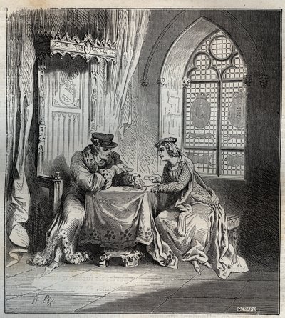 Charles VI (1380-1422) a Odette de Champdivers - francouzský král Karel VI., známý jako Charles the Good Aime, poté Charles the Fol (1368-1422) se svou milenkou Odinette (Odette) de Champdivers (asi 1390-kolem 1425) hrací karty rytina v „Paris a t od French School