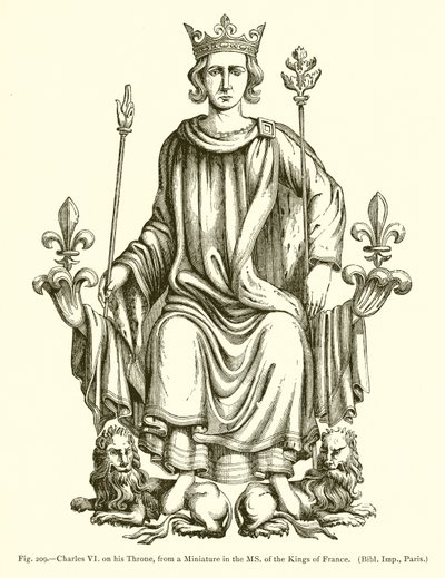 Karel VI. na svém trůnu, z miniatury v čs. francouzských králů od French School