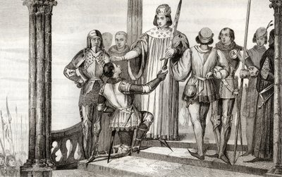 Karel V. (1358-80) Moudrý předkládá Duguesdinovi svůj meč z „Histoire de France“ od Colarta, vydaného kolem roku 1840 od French School