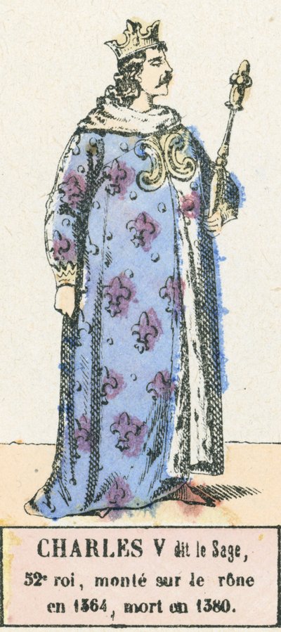 Karel V dit le Sage, 52. král, nastoupil na trůn v roce 1364, zemřel v roce 1380 (barevná rytina) od French School