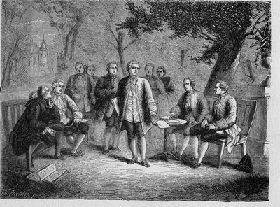 Charles de Secondat Montesquieu s vědeckým večeřadlem na zámku Clairac, Francie - Le cenacle scientifique du chateau de Clairac: Montesquieu a baron de Secondat, syn, Chevalier de Vivens, Romas a bratři Dutilhové - - v „Album de la Scienc od French School