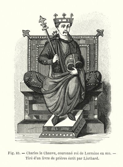 Karel Plešatý, korunovaný králem Lotrinska v roce 860, Z modlitební knihy napsané Liuthardem (rytina) od French School