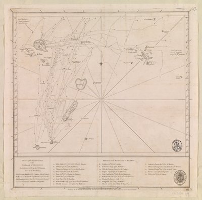 Mapa souostroví na sever od Mauricia, kterou v roce 1776 sestavil M le Victe Grenier, poručík francouzského námořnictva [zahrnuje Seychely, nejjižnější Maledivy, skupinu Mauricius a souostroví Chagos]. od French School