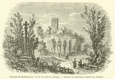 Chateau de Guimaraens, při pohledu ze silnice do Bragy (rytina) od French School
