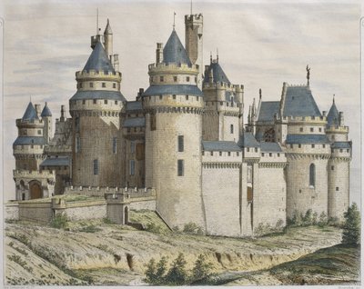 Chateau de Pierrefonds, ilustrace z Le Moniteur des architectes, vyryto Bosredonem (barevná rytina) od French School
