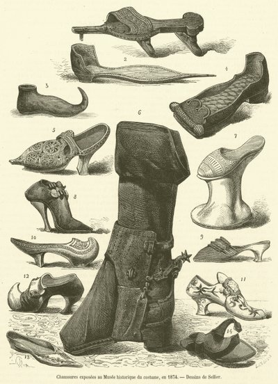 Boty vystavené v Muzeu historických kostýmů v roce 1874 (rytina) od French School