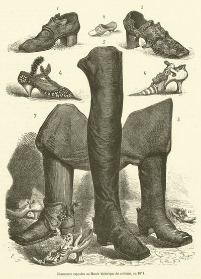 Boty vystavené v Muzeu historických kostýmů v roce 1874 (rytina) od French School