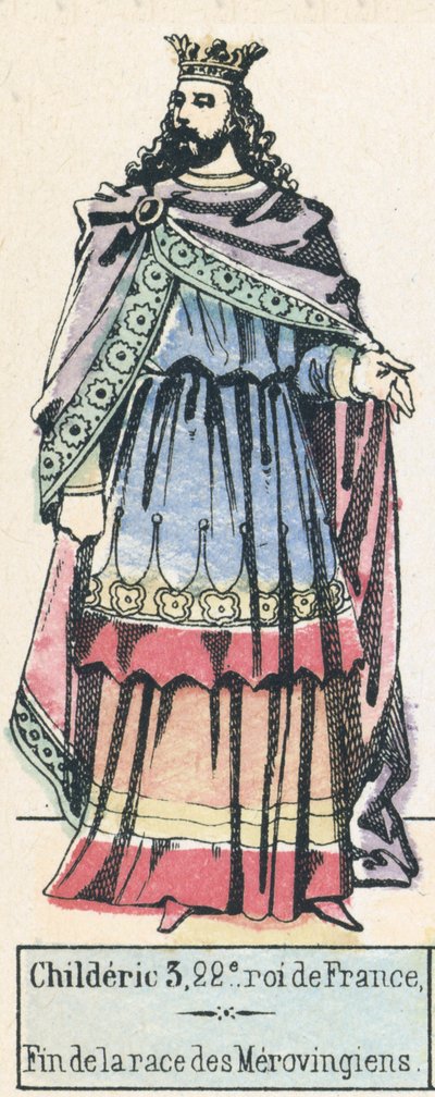 Childeric 3, 22. král Francie, konec merovejské rasy (barevná rytina) od French School