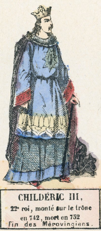 Childeric III., 22. král, nastoupil na trůn v roce 742, zemřel v roce 752, Konec Merovejců (barevná rytina) od French School