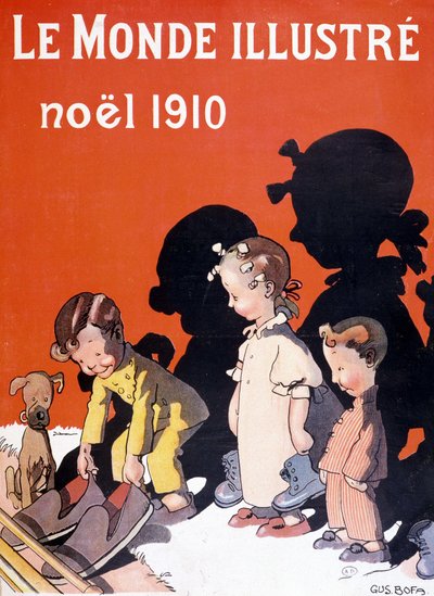 Děti shazují boty před krbem na Santa Clause - v „“Le Monde Ilustré““ od French School