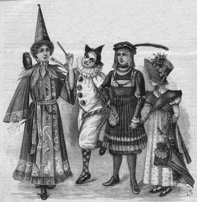 Dětské oblečení: kostýmy čarodějnic, klaun, stránka a „Impérium“. Rytina v „La gazette du dimanche““ z 23. ledna 1896. od French School