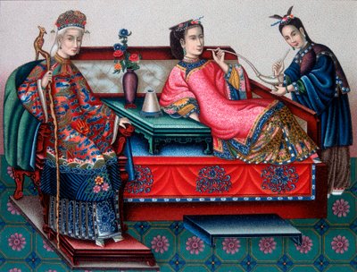 Čínské šlechtice kouřící opium - v „historickém kostýmu“ od Racineta od French School