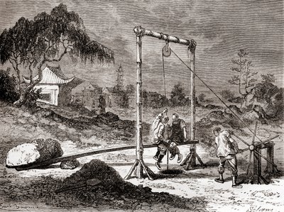 Čínští dělníci v 19. století kopali studnu na těžbu slané vody z „Les Merveilles de la Science“, publikované kolem roku 1870 (rytina) od French School