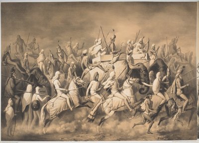 Chir Singh, maharadžah ze Sikhů a král Paňdžábu se svou družinou na lovu poblíž Láhauru, z „Voyages in India“, kolem roku 1850 (litho) od French School
