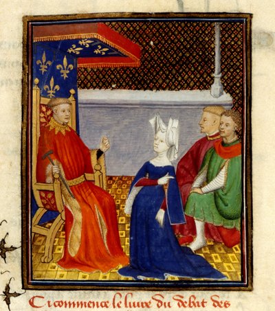 Christine oslovuje Louis d’Orléans, MS Harley 4431, f.58v, Francie, cca 1410-14 (barva na pergamenu) od French School