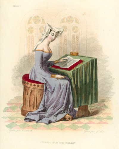 Christine de Pisan (barevná rytina) od French School