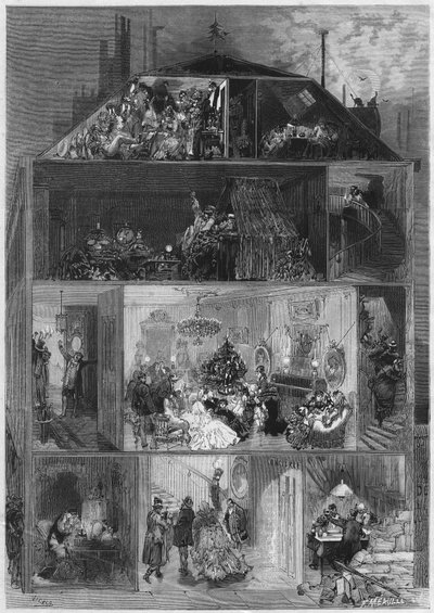 Štědrý večer: průřez pařížskou budovou představující různé způsoby, jak oslavit Silvestra. Rytina v „“ Le Monde Illustré““ č. 810 z 19. října 1872. od French School