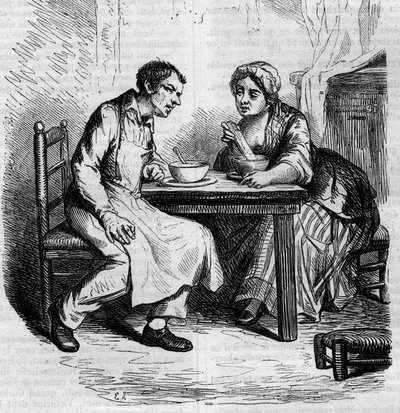 Christophe a tlustá Sylvie: sluhové snídají. Rytina poloviny 19. století. Ilustrace k „Otec Goriot“ od Honore de Balzac (1799-1850). od French School