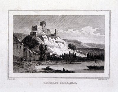 Château Gaillard při pohledu od Seiny - rytina od French School