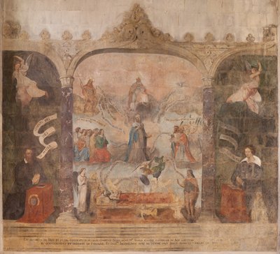 Kostel (kostel sv. Jana Křtitele). Interiér. Kaple Saint-Fursy. Nástěnné malby. Oslava Marie (freska známá jako dobrá smrt). Začátek 17. století. od French School