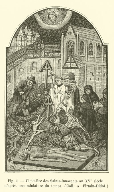 Hřbitov svatých-Nevinných v 15. století, z tehdejší miniatury, Coll A Firmin-Didot od French School