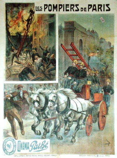 Kino plakát s reklamou „Les Pompiers de Paris“, před rokem 1914 (barevné lito) od French School