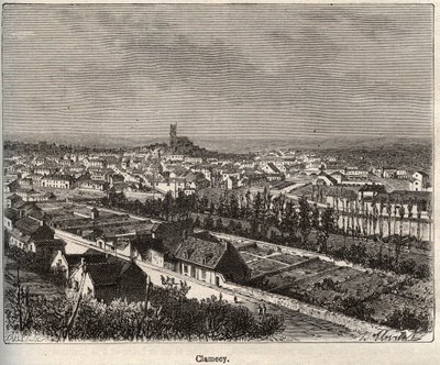Clamecy - Nievre - Burgundsko - rytina v „La France illustree: geografie, historie, statistická správa“ od V.A. Sladově hnědá. 1884 od French School