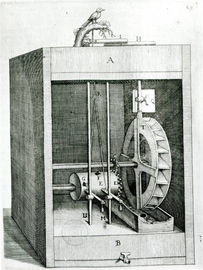 Mechanický pták, z Les Raisons des Forces Mouvantes od Salomona de Caus (asi 1576-1626), 1615 od French School