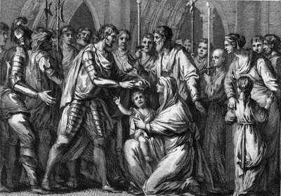 Clotaire (Clothaire) II., známý jako Mladý (584-628), korunní král Neustrije svým strýcem Gontranem I. (asi 545-592), králem Orleansu a Burgundska. Jeho matka, královna Fredegonde (asi 545-597), ho drží v náručí. 584. Rytina 18. stol. od French School