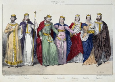 Clotaire (Clothaire) I, Caribert, Chilperic, Fredegonde, Clotaire II, Nantilde, Dagobert I - v „La monarchy francaise en estampes“ “ od French School