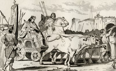 Clovis III (682-95) ve voze taženém Oxenem, s Pepinem II z Herstalu (kol. 714) jedoucím po jeho boku, z 