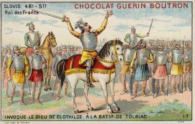 Clovis I. vzývající boha Clotilde v bitvě u Tolbiacu, 496 (chromolitho) od French School