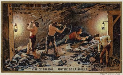Uhelný důl. Těžba uhlí na porubu (chromolitho) od French School