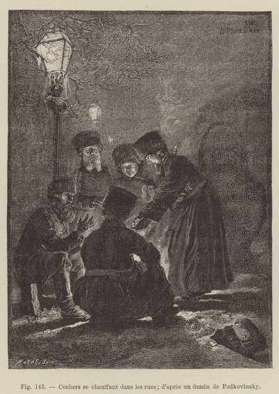 Kočí se vyhřívají na ulicích (rytina) od French School