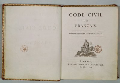 Code Civil, otevřeno na titulní straně, 1804 od French School