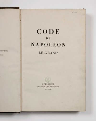 Kód Napoleona Velikého, otevřený na titulní straně, vydáno Florence, Molini, Landi et Cie, 1809 od French School