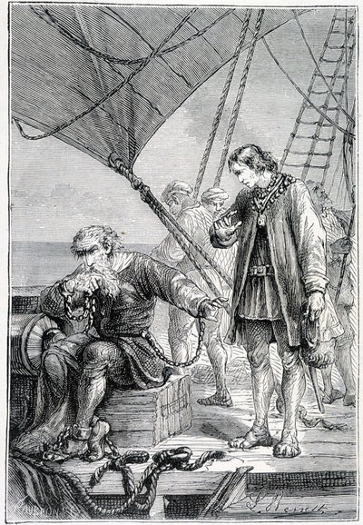 Kolumbus spoutaný jako padouch (na palubě lodi), nemocný. "" Discovery de la Terre "" od Julese Verna, ed. Hetzel, n. d. 19. od French School