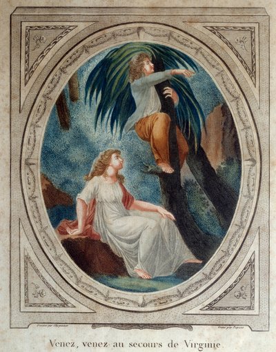 Pojď, pomoz Virginii. Ilustrace k románu „Paul a Virginie“ od Bernardina de Saint Pierre (1737-1814). Rytina z roku 1790. La Rochelle, New World Museum od French School
