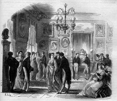 Comedie Francaise: pohled do foyer umělců s komiky Francois-Josephem (Francois Joseph) Talma (1763-1826) a Anne Boutet, dit Mademoiselle Mars (1779 - 1847), francouzská komička. Rytina z let 1867-1868. od French School