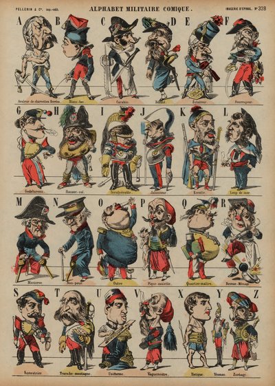 Komická vojenská abeceda (barevná rytina) od French School