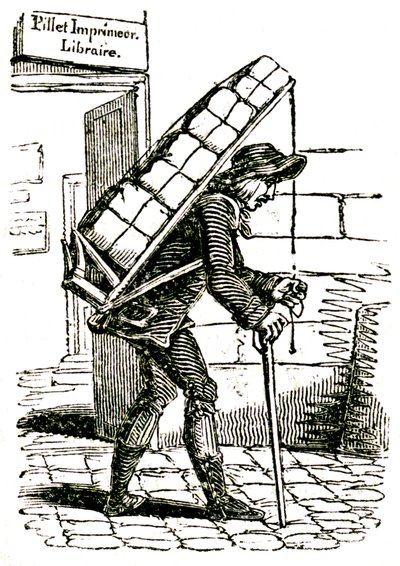 Komisionář (kurýr) v 19. století, který opouští knihkupce Pilleta v Paříži a nese na zádech náklad knih. od French School