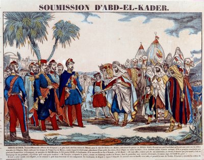 Conquete of Alžír (1830-1847): podrobení Abd el Kader (Abd-el-Kader nebo ibn Muhyi al-Din al-Hasani) (1807-1883) vévodovi z Aumale a francouzské armádě dne 24. /1848. Rytina soukromé sbírky z konce 19. století od French School