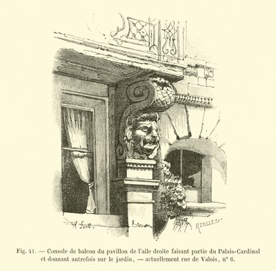 Balkonová konzola pavilonu v pravém křídle, součást Palais-Cardinal a dříve s výhledem do zahrady, v současnosti rue de Valois, č. 6 od French School