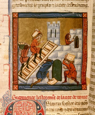 Stavba Říma. Miniatura rukopisu „Histoire ancienne à la Cesar“, kolem 1260-1270 napsaná úředníkem ve službách dvora Rogera IV., Chatelainem z Lille (1208-1230), autorem by mohl být některý z Denainových Wauchier. Dijon, Mnichov od French School