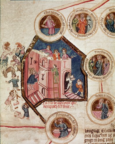 Místo stavby babylonské věže v Babylonu Stránka převzatá z rukopisu "Genealogy de la Bible" francouzské školy. 14. století Cremone, biblioteca governativa od French School