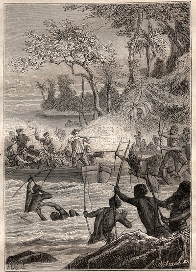 Pokračování šipkami: Cesta Philipa Cartereta nebo Philippa de Carteret (1733-1796) na ostrovech Santa Cruz, Notemely na ostrov Nendo (Santa Cruz, Ndeni, Nitendi nebo dokonce Ndende), v roce 1767 - ilustrace převzata z „The Velcí námořníci 18 od French School