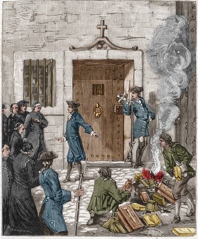 Odsouzení Societe des Jesuites na základě rozhodnutí Parlement de Paris ze 6. srpna 1762. Soud nařídil, aby kat spálil více než 24 knih a knih vyrobených jezuity. Rytina 19. století. od French School